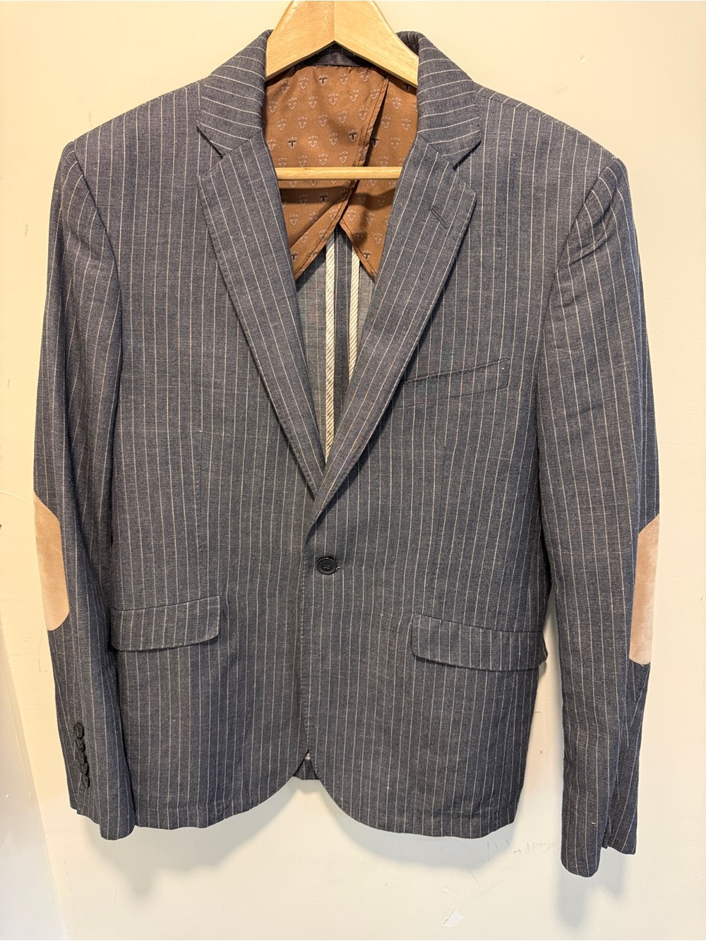 IZAC mens 40R blazer linen-blend chambray pinstripe